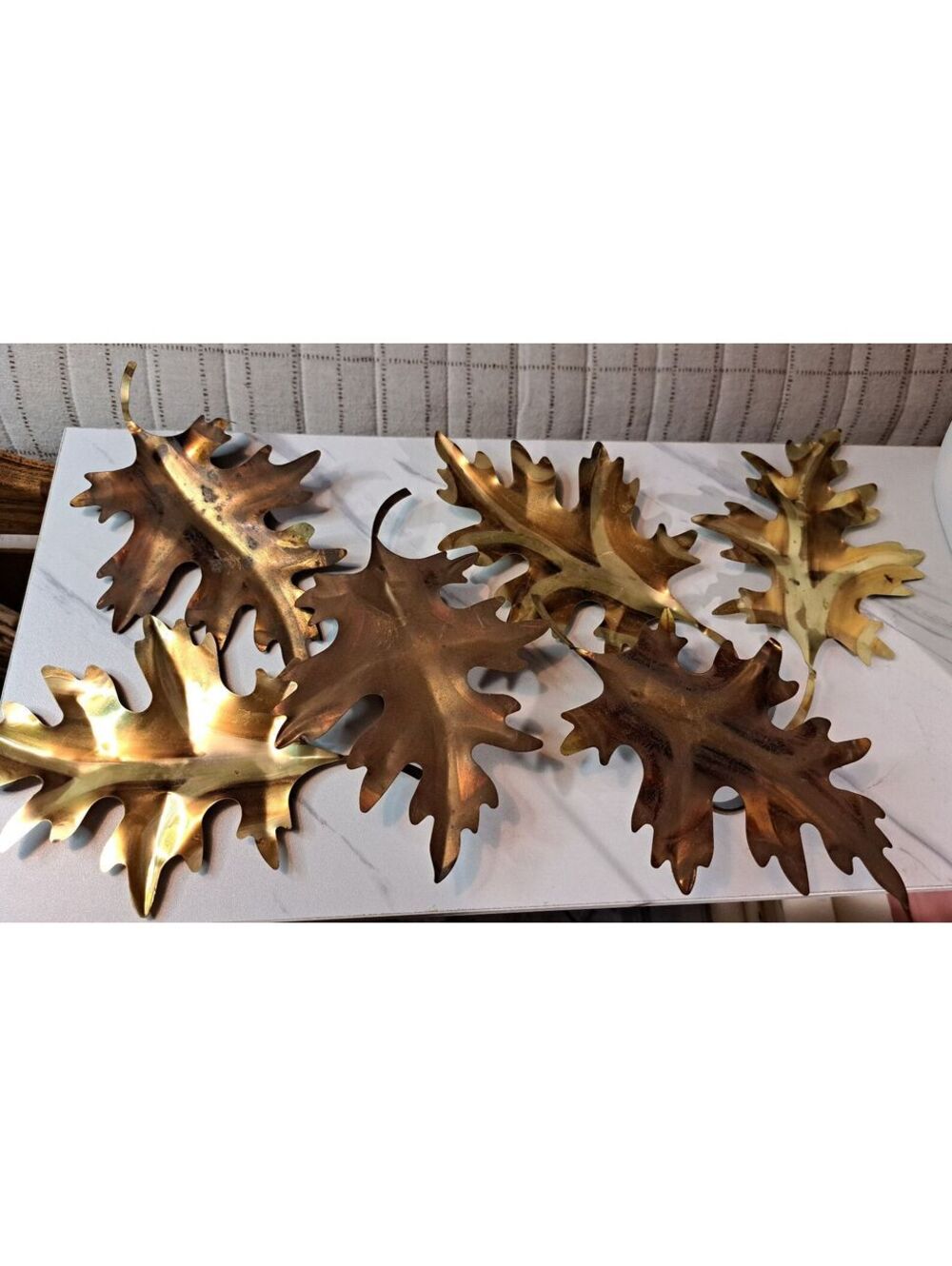 Vintage Set of 6 Brass and Copper-Plated Oak Leaves Wall or Table Decorations